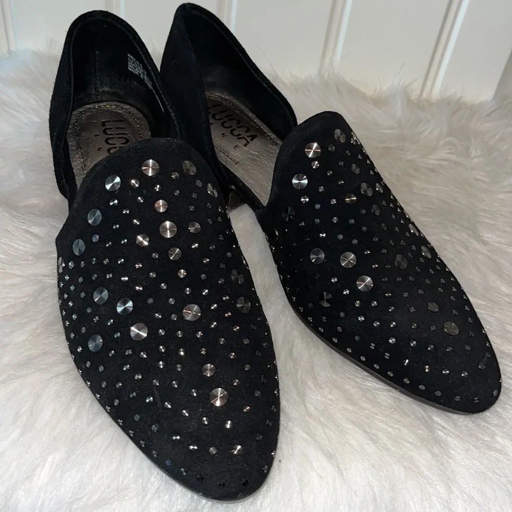 Black suede leather studded loafer slip on shoe Lucca Lane Kaelyn goth edgy sz 8